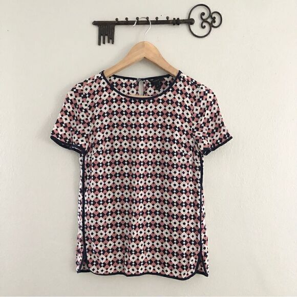J crew 100% silk geometric print short sleeve blouse woman’s size 00 - Picture 1 of 8